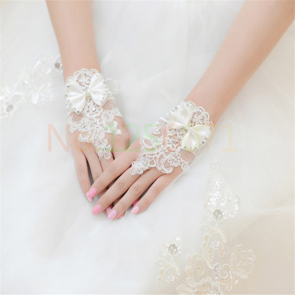 Bridal Gloves Lace Bow Fingerless Beaded Lace